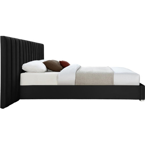 PabloBlack-Q Pablo Collection Modern | Contemporary Velvet Upholstered Bed with Deep Channel Tufting and Sturdy Chrome Metal Legs, Black, Queen, 103" W x 85.5" D x 41.5" H