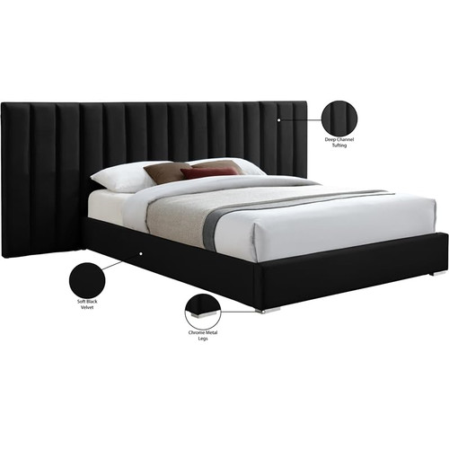 PabloBlack-Q Pablo Collection Modern | Contemporary Velvet Upholstered Bed with Deep Channel Tufting and Sturdy Chrome Metal Legs, Black, Queen, 103" W x 85.5" D x 41.5" H
