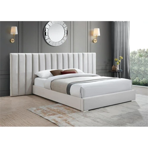 PabloCream-Q Pablo Collection Modern | Contemporary Velvet Upholstered Bed with Deep Channel Tufting and Sturdy Chrome Metal Legs, Cream, Queen, 103" W x 85.5" D x 41.5" H
