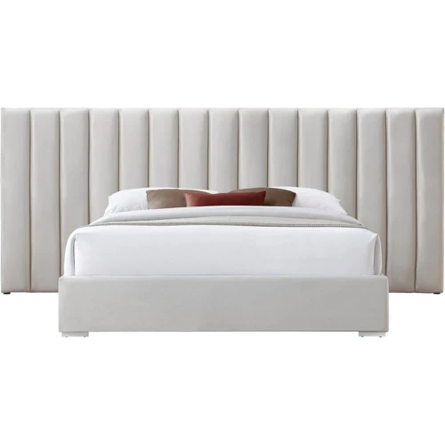 PabloCream-Q Pablo Collection Modern | Contemporary Velvet Upholstered Bed with Deep Channel Tufting and Sturdy Chrome Metal Legs, Cream, Queen, 103" W x 85.5" D x 41.5" H