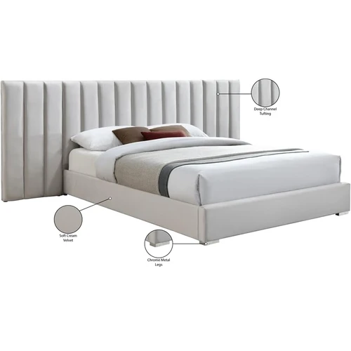 PabloCream-Q Pablo Collection Modern | Contemporary Velvet Upholstered Bed with Deep Channel Tufting and Sturdy Chrome Metal Legs, Cream, Queen, 103" W x 85.5" D x 41.5" H