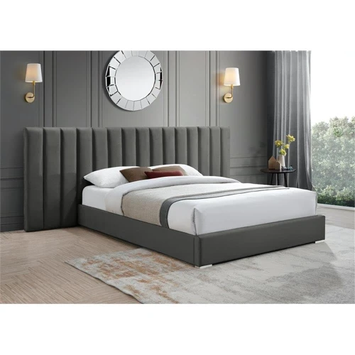 PabloGrey-Q Pablo Collection Modern | Contemporary Velvet Upholstered Bed with Deep Channel Tufting and Sturdy Chrome Metal Legs, Grey, Queen, 103" W x 85.5" D x 41.5" H