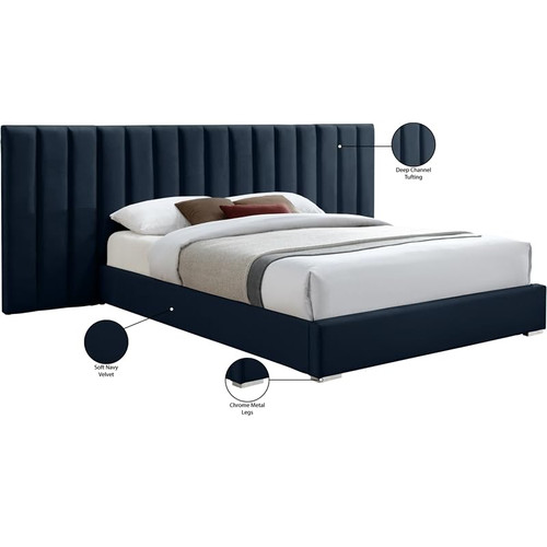 PabloNavy-Q Pablo Collection Modern | Contemporary Velvet Upholstered Bed with Deep Channel Tufting and Sturdy Chrome Metal Legs, Navy, Queen, 103" W x 85.5" D x 41.5" H