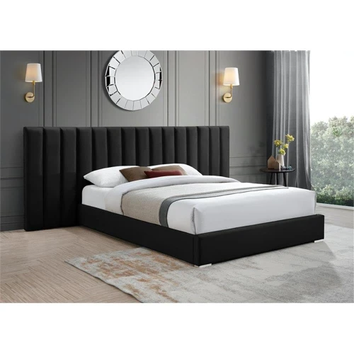 PabloBlack-K Pablo Collection Modern | Contemporary Velvet Upholstered Bed with Deep Channel Tufting and Sturdy Chrome Metal Legs, Black, King, 119.5" W x 85.5" D x 41.5" H