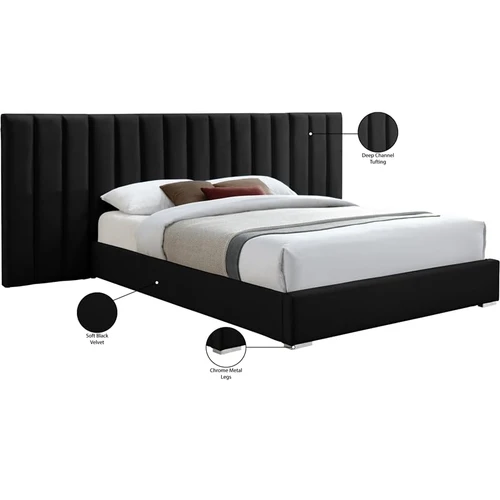PabloBlack-K Pablo Collection Modern | Contemporary Velvet Upholstered Bed with Deep Channel Tufting and Sturdy Chrome Metal Legs, Black, King, 119.5" W x 85.5" D x 41.5" H