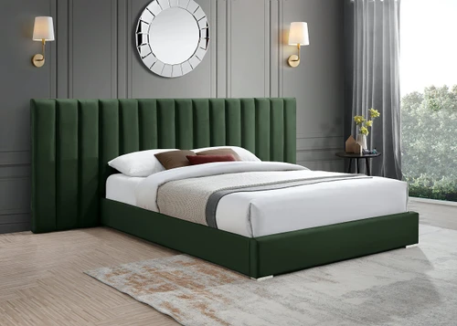PabloGreen-K Pablo Collection Modern | Contemporary Velvet Upholstered Bed with Deep Channel Tufting and Chrome Metal Legs, 119.5" W x 85.5" D x 41.5" H
