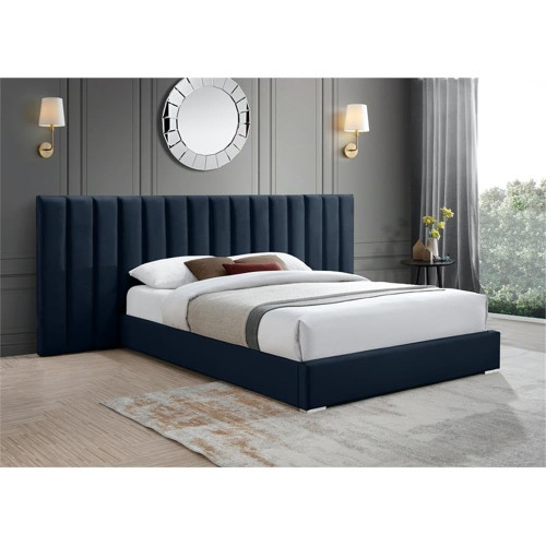 PabloNavy-K Pablo Collection Modern | Contemporary Velvet Upholstered Bed with Deep Channel Tufting and Sturdy Chrome Metal Legs, Navy, King, 119.5" W x 85.5" D x 41.5" H
