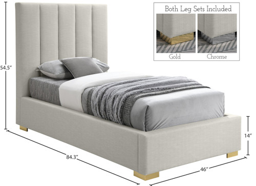 PierceBeige-T Pierce Collection Mid-Century Modern Linen Textured Fabric Upholstered Bed with Deep Channel Tufted Headboard, 45.5" W x 83.5" D x 54" H, Beige, Twin