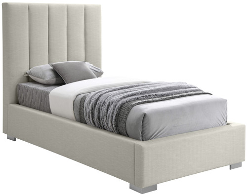 PierceBeige-T Pierce Collection Mid-Century Modern Linen Textured Fabric Upholstered Bed with Deep Channel Tufted Headboard, 45.5" W x 83.5" D x 54" H, Beige, Twin