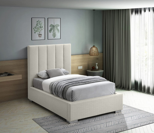 PierceBeige-T Pierce Collection Mid-Century Modern Linen Textured Fabric Upholstered Bed with Deep Channel Tufted Headboard, 45.5" W x 83.5" D x 54" H, Beige, Twin