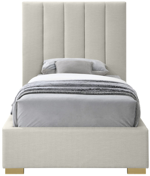 PierceBeige-T Pierce Collection Mid-Century Modern Linen Textured Fabric Upholstered Bed with Deep Channel Tufted Headboard, 45.5" W x 83.5" D x 54" H, Beige, Twin