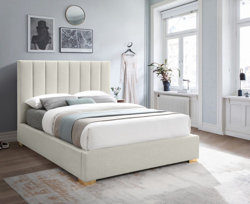 PierceBeige-F Pierce Collection Mid-Century Modern Linen Textured Fabric Upholstered Bed with Deep Channel Tufted Headboard, 61" W x 83.5" D x 54" H, Beige, Full