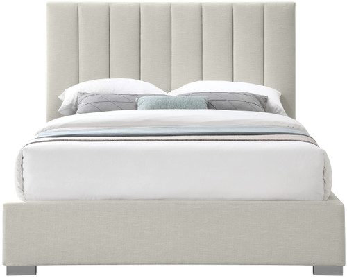 PierceBeige-F Pierce Collection Mid-Century Modern Linen Textured Fabric Upholstered Bed with Deep Channel Tufted Headboard, 61" W x 83.5" D x 54" H, Beige, Full