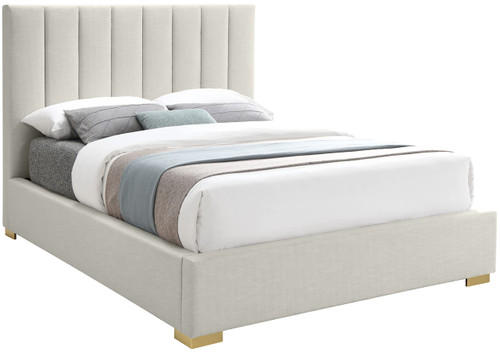 PierceBeige-Q Pierce Collection Mid-Century Modern Linen Textured Fabric Upholstered Bed with Deep Channel Tufted Headboard, 67" W x 89" D x 54" H, Beige, Queen