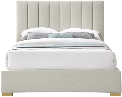 PierceBeige-Q Pierce Collection Mid-Century Modern Linen Textured Fabric Upholstered Bed with Deep Channel Tufted Headboard, 67" W x 89" D x 54" H, Beige, Queen