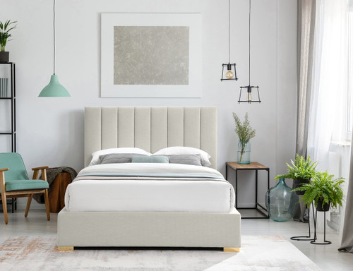 PierceBeige-Q Pierce Collection Mid-Century Modern Linen Textured Fabric Upholstered Bed with Deep Channel Tufted Headboard, 67" W x 89" D x 54" H, Beige, Queen
