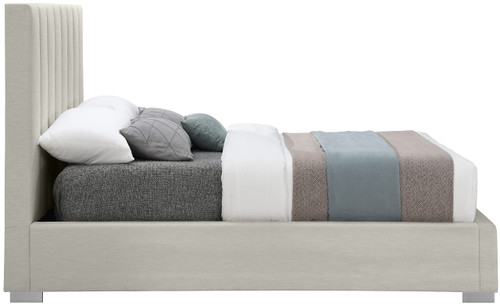 PierceBeige-Q Pierce Collection Mid-Century Modern Linen Textured Fabric Upholstered Bed with Deep Channel Tufted Headboard, 67" W x 89" D x 54" H, Beige, Queen
