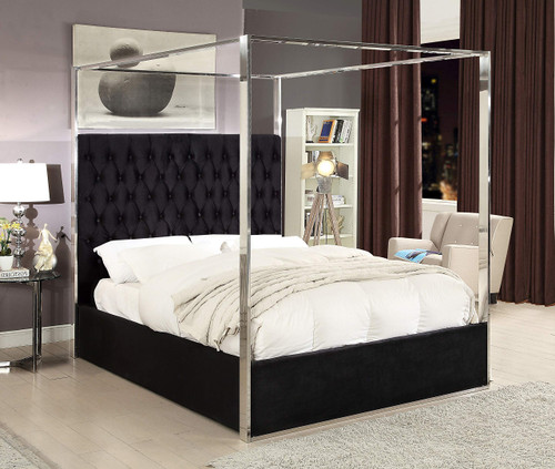 Porter Collection Modern | Contemporary Velvet Upholstered Bed with Deep Detailed Tufting and Chrome Canopy, Black, Queen