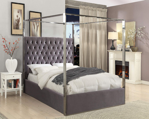 Porter Collection Modern | Contemporary Velvet Upholstered Bed with Deep Detailed Tufting and Chrome Canopy, Grey, Queen