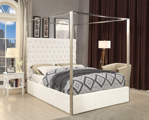 Porter Collection Modern | Contemporary Velvet Upholstered Bed with Deep Detailed Tufting and Chrome Canopy, White, Queen