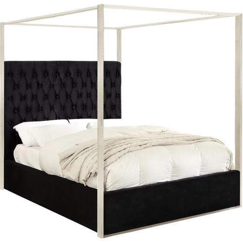 Porter Collection Modern | Contemporary Velvet Upholstered Bed with Deep Detailed Tufting and Chrome Canopy, Black, King