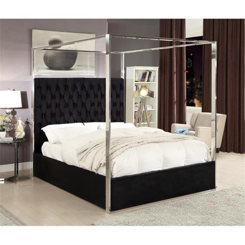 Porter Collection Modern | Contemporary Velvet Upholstered Bed with Deep Detailed Tufting and Chrome Canopy, Black, King