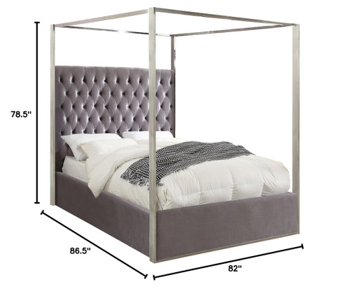 Porter Collection Modern | Contemporary Velvet Upholstered Bed with Deep Detailed Tufting and Chrome Canopy, Grey, King