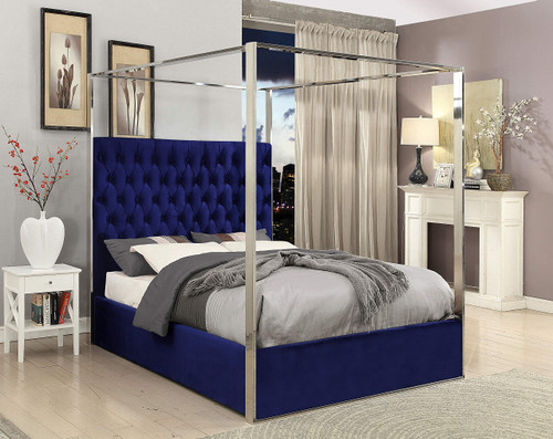 Porter Collection Modern | Contemporary Velvet Upholstered Bed with Deep Detailed Tufting and Chrome Canopy, Navy, King