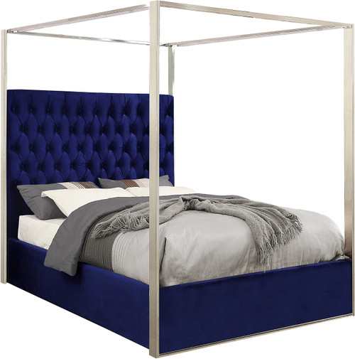 Porter Collection Modern | Contemporary Velvet Upholstered Bed with Deep Detailed Tufting and Chrome Canopy, Navy, King