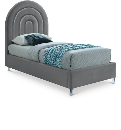 RainbowGrey-T Rainbow Collection Modern | Contemporary Velvet Upholstered Bed with Deep Channel Tufting and Thick Acrylic Legs, 44.25" W x 82" D x 59.5" H, Grey, Twin
