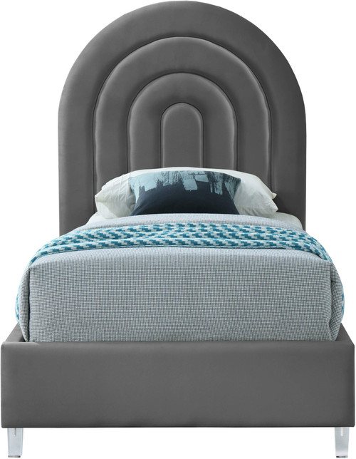 RainbowGrey-T Rainbow Collection Modern | Contemporary Velvet Upholstered Bed with Deep Channel Tufting and Thick Acrylic Legs, 44.25" W x 82" D x 59.5" H, Grey, Twin