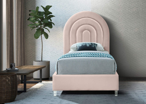 RainbowPink-T Rainbow Collection Modern | Contemporary Velvet Upholstered Bed with Deep Channel Tufting and Thick Acrylic Legs, 44.25" W x 82" D x 59.5" H, Pink, Twin