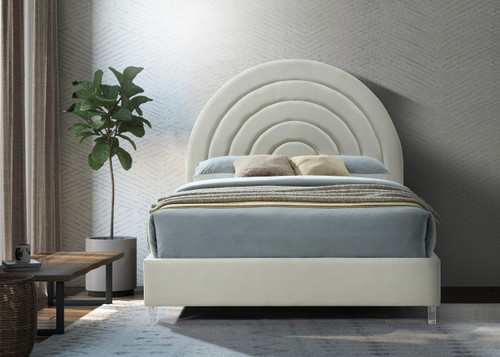 RainbowCream-F Rainbow Collection Modern | Contemporary Velvet Upholstered Bed with Deep Channel Tufting and Thick Acrylic Legs, 60" W x 82" D x 59.5" H, Cream, Full