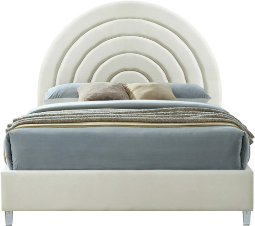 RainbowCream-Q Rainbow Collection Modern | Contemporary Velvet Upholstered Bed with Deep Channel Tufting and Thick Acrylic Legs, 65.75" W x 87.5" D x 59.5" H, Cream, Queen
