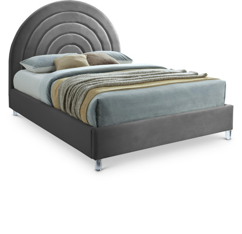 RainbowGrey-K Rainbow Collection Modern | Contemporary Velvet Upholstered Bed with Deep Channel Tufting and Thick Acrylic Legs, 81.5" W x 87.5" D x 59.5" H, Grey, King