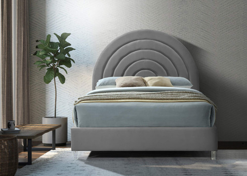 RainbowGrey-K Rainbow Collection Modern | Contemporary Velvet Upholstered Bed with Deep Channel Tufting and Thick Acrylic Legs, 81.5" W x 87.5" D x 59.5" H, Grey, King