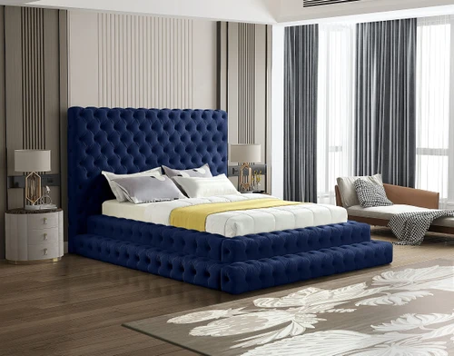 RevelNavy-Q Revel Collection Modern | Contemporary Navy Velvet Upholstered Bed with Deep Button Tufting, 85" W x 98" D x 60" H, Navy, Queen