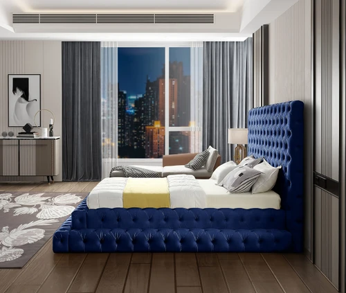 RevelNavy-Q Revel Collection Modern | Contemporary Navy Velvet Upholstered Bed with Deep Button Tufting, 85" W x 98" D x 60" H, Navy, Queen