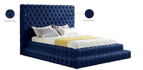 RevelNavy-Q Revel Collection Modern | Contemporary Navy Velvet Upholstered Bed with Deep Button Tufting, 85" W x 98" D x 60" H, Navy, Queen