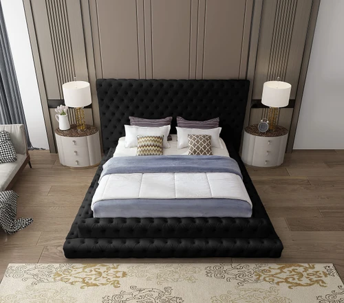 RevelBlack-Q Revel Collection Modern | Contemporary Black Velvet Upholstered Bed with Deep Button Tufting, 85" W x 98" D x 60" H, Black, Queen