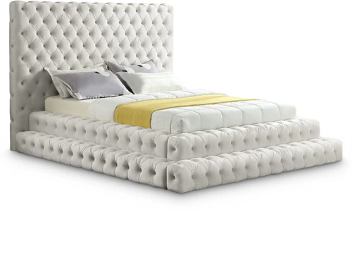 RevelCream-Q Revel Collection Modern | Contemporary Cream Velvet Upholstered Bed with Deep Button Tufting, 85" W x 98" D x 60" H, Cream, Queen
