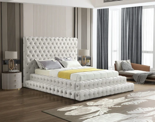 RevelCream-Q Revel Collection Modern | Contemporary Cream Velvet Upholstered Bed with Deep Button Tufting, 85" W x 98" D x 60" H, Cream, Queen