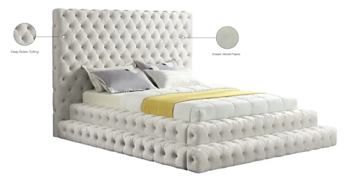 RevelCream-Q Revel Collection Modern | Contemporary Cream Velvet Upholstered Bed with Deep Button Tufting, 85" W x 98" D x 60" H, Cream, Queen