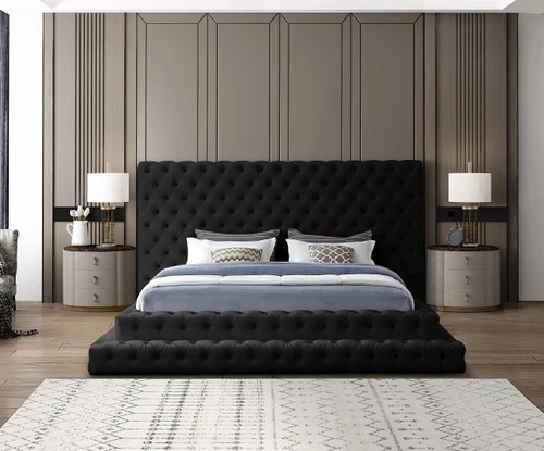 RevelBlack-K Revel Collection Modern | Contemporary Black Velvet Upholstered Bed with Deep Button Tufting, 101" W x 98" D x 60" H, Black, King