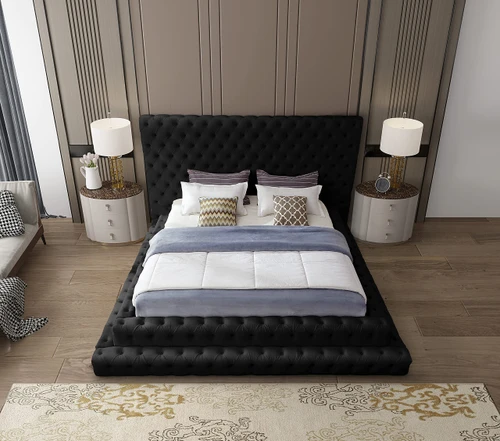 RevelBlack-K Revel Collection Modern | Contemporary Black Velvet Upholstered Bed with Deep Button Tufting, 101" W x 98" D x 60" H, Black, King