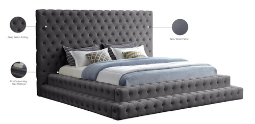 RevelGrey-K Revel Collection Modern | Contemporary Grey Velvet Upholstered Bed with Deep Button Tufting, 101" W x 98" D x 60" H, Grey, King