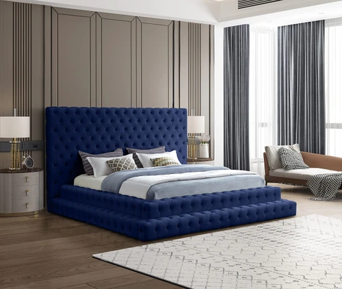 RevelNavy-K Revel Collection Modern | Contemporary Navy Velvet Upholstered Bed with Deep Button Tufting, 101" W x 98" D x 60" H, Navy, King