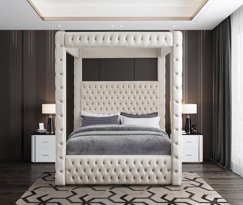 RoyalCream-Q Royal Collection Modern | Contemporary Velvet Upholstered Queen Bed with Soft Cream Velvet, Deep Elegant Tufting, Canopy, 70.5" W x 89" D x 87" H, Cream