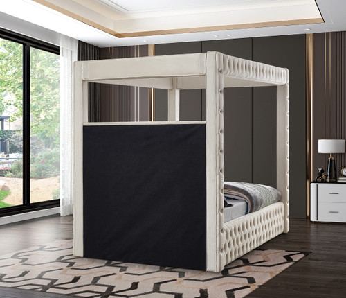 RoyalCream-Q Royal Collection Modern | Contemporary Velvet Upholstered Queen Bed with Soft Cream Velvet, Deep Elegant Tufting, Canopy, 70.5" W x 89" D x 87" H, Cream