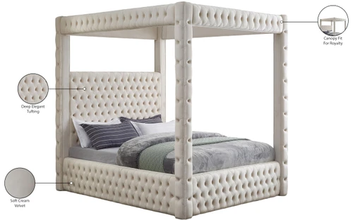 RoyalCream-Q Royal Collection Modern | Contemporary Velvet Upholstered Queen Bed with Soft Cream Velvet, Deep Elegant Tufting, Canopy, 70.5" W x 89" D x 87" H, Cream
